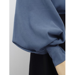 孔雀藍大燈籠袖復古襯衫女2025春裝新款立領港味單排釦磨毛上衣女