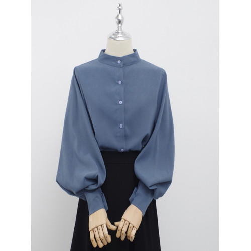 孔雀藍大燈籠袖復古襯衫女2025春裝新款立領港味單排釦磨毛上衣女