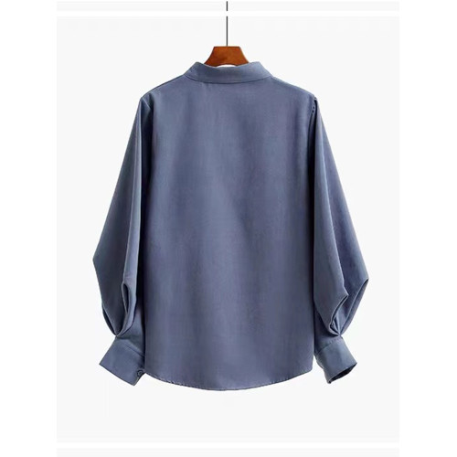 孔雀藍大燈籠袖復古襯衫女2025春裝新款立領港味單排釦磨毛上衣女