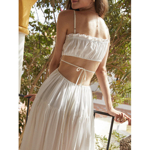 三亞旅行穿搭海邊度假裙沙灘裙拍照森系白色露背吊帶連衣裙長裙