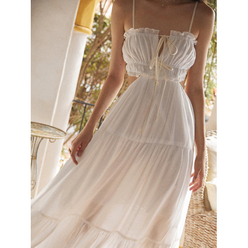 三亞旅行穿搭海邊度假裙沙灘裙拍照森系白色露背吊帶連衣裙長裙