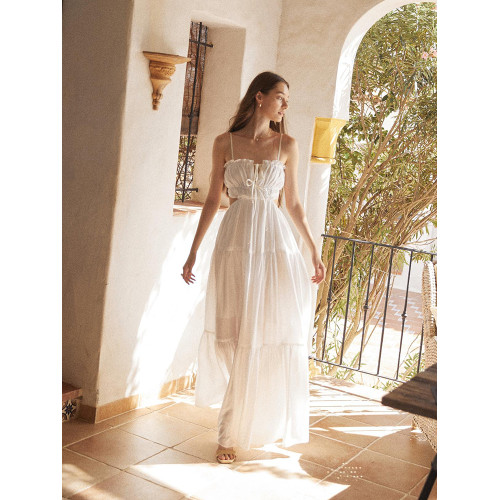 三亞旅行穿搭海邊度假裙沙灘裙拍照森系白色露背吊帶連衣裙長裙