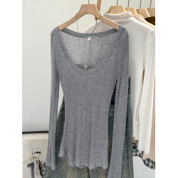 天絲薄款微透修身白色u領防曬打底罩衫T恤女早秋季大領口長袖上衣