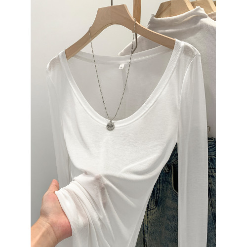 天絲薄款微透修身白色u領防曬打底罩衫T恤女早秋季大領口長袖上衣