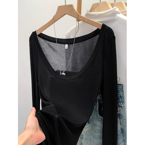 天絲薄款微透修身白色u領防曬打底罩衫T恤女早秋季大領口長袖上衣