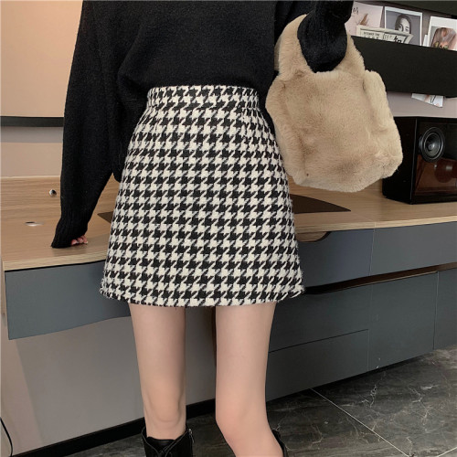 梨形身材大碼千鳥格毛呢半身裙女春秋配毛衣胖mm高腰a字包臀短裙 梨形身材大碼千鳥格毛呢半身裙女春秋配毛衣胖mm高腰a字包臀短裙