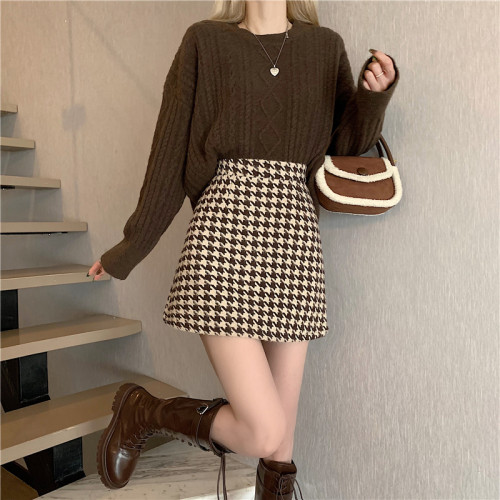 梨形身材大碼千鳥格毛呢半身裙女春秋配毛衣胖mm高腰a字包臀短裙 梨形身材大碼千鳥格毛呢半身裙女春秋配毛衣胖mm高腰a字包臀短裙