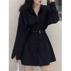 大碼設計感黑暗風小衆長袖襯衫女秋款胖mm復古心機收腰黑色連衣裙