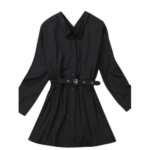 大碼設計感黑暗風小衆長袖襯衫女秋款胖mm復古心機收腰黑色連衣裙