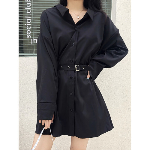 大碼設計感黑暗風小衆長袖襯衫女秋款胖mm復古心機收腰黑色連衣裙