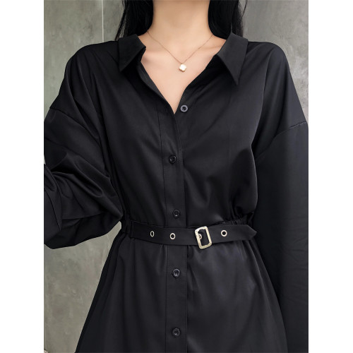 大碼設計感黑暗風小衆長袖襯衫女秋款胖mm復古心機收腰黑色連衣裙