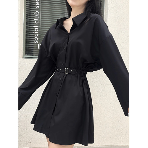 大碼設計感黑暗風小衆長袖襯衫女秋款胖mm復古心機收腰黑色連衣裙