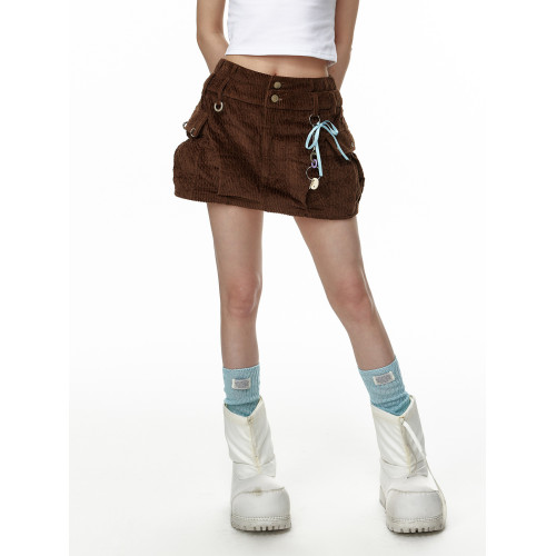 JIKOO細膩絨感復古燈芯絨工裝做舊短裙女復古重工休閒時尚半身裙