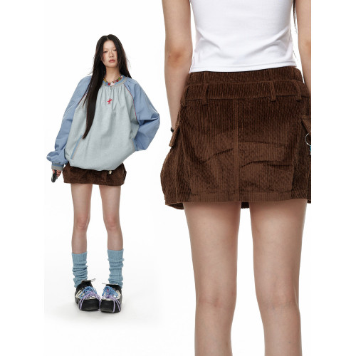 JIKOO細膩絨感復古燈芯絨工裝做舊短裙女復古重工休閒時尚半身裙