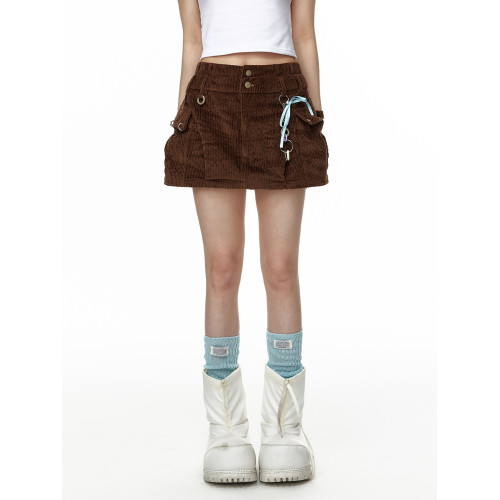 JIKOO細膩絨感復古燈芯絨工裝做舊短裙女復古重工休閒時尚半身裙