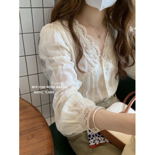 高級感法式小衆上衣初秋溫柔超仙蕾絲衫V領襯衫長袖獨特漂亮小衫