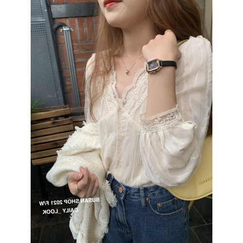 高級感法式小衆上衣初秋溫柔超仙蕾絲衫V領襯衫長袖獨特漂亮小衫