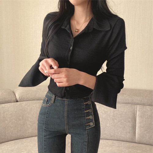 撿漏特價剪鏢折釦女裝秋季修身喇叭長袖襯衫女辣妹短款上衣潮