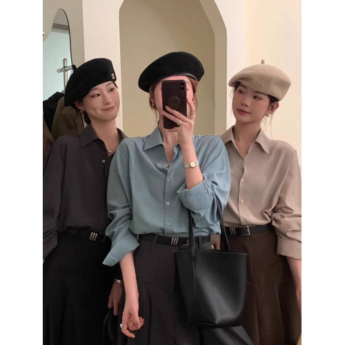 法式藍色襯衫外套女春秋季高級感小個子職業長袖襯衣女款春裝上衣