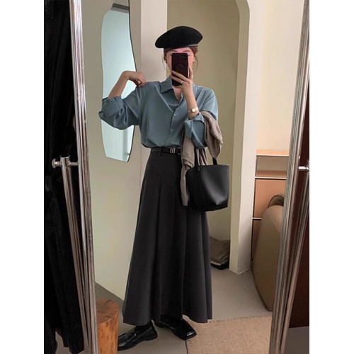 法式藍色襯衫外套女春秋季高級感小個子職業長袖襯衣女款春裝上衣