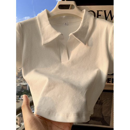 polo領顯瘦短款收腰ins潮設計感下擺弧形白色短袖T恤打底衫上衣 polo領顯瘦短款收腰ins潮設計感下擺弧形白色短袖T恤打底衫上衣