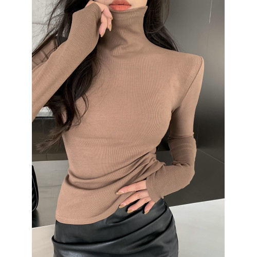 粉色高領長袖打底衫女春秋新款修身緊身顯瘦T恤內搭堆堆領短上衣 粉色高領長袖打底衫女春秋新款修身緊身顯瘦T恤內搭堆堆領短上衣