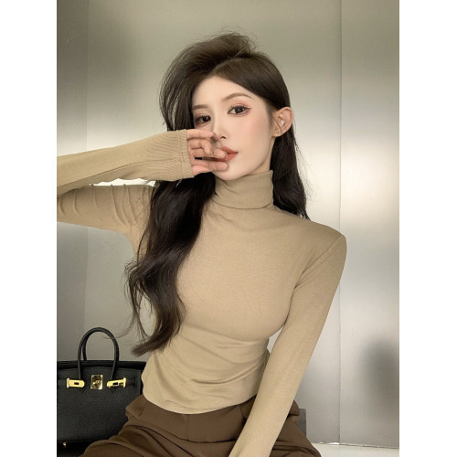 粉色高領長袖打底衫女春秋新款修身緊身顯瘦T恤內搭堆堆領短上衣 粉色高領長袖打底衫女春秋新款修身緊身顯瘦T恤內搭堆堆領短上衣