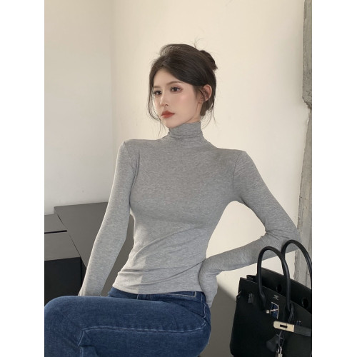 粉色高領長袖打底衫女春秋新款修身緊身顯瘦T恤內搭堆堆領短上衣 粉色高領長袖打底衫女春秋新款修身緊身顯瘦T恤內搭堆堆領短上衣