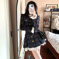 韓劇女主穿搭學院風連衣裙氣質高級感超好看格子百褶裙2025年新款