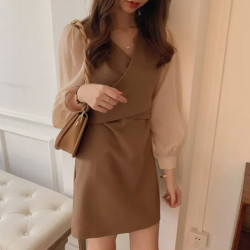 2024早春新款連衣裙女韓版ins遮肚子顯瘦收腰氣質v領長袖a字裙子