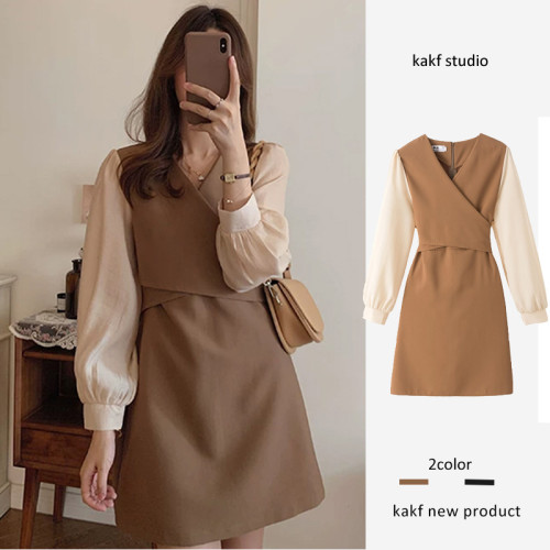 2024早春新款連衣裙女韓版ins遮肚子顯瘦收腰氣質v領長袖a字裙子