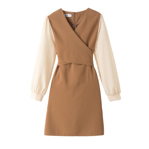 2024早春新款連衣裙女韓版ins遮肚子顯瘦收腰氣質v領長袖a字裙子