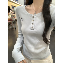 淺藍色miu系溫柔卡腰褶皺上衣2025春秋正肩刺綉紐釦T恤長袖打底衫