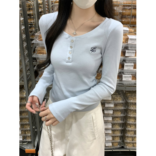 淺藍色miu系溫柔卡腰褶皺上衣2025春秋正肩刺綉紐釦T恤長袖打底衫