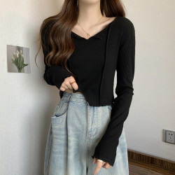 大碼V領正肩長袖白色女t恤女裝秋季新款胖mm打底衫超顯身材的上衣