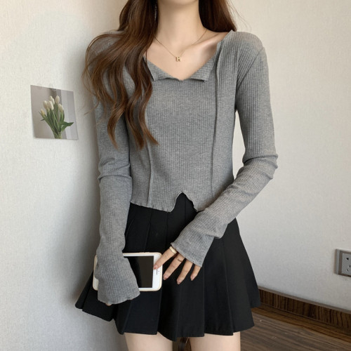 大碼V領正肩長袖白色女t恤女裝秋季新款胖mm打底衫超顯身材的上衣 大碼V領正肩長袖白色女t恤女裝秋季新款胖mm打底衫超顯身材的上衣