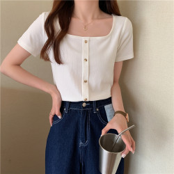 方領短袖t恤女夏短款大碼胖mm高腰緊身ins潮鎖骨復古法式上衣服春