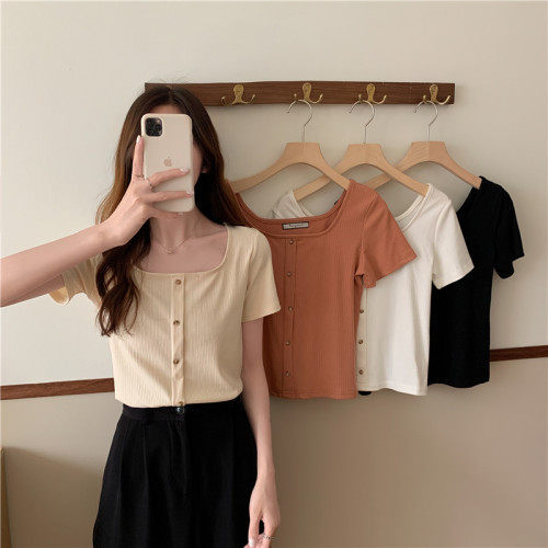 方領短袖t恤女夏短款大碼胖mm高腰緊身ins潮鎖骨復古法式上衣服春 方領短袖t恤女夏短款大碼胖mm高腰緊身ins潮鎖骨復古法式上衣服春