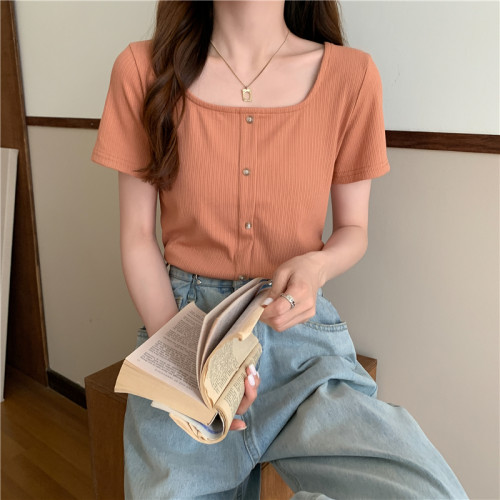 方領短袖t恤女夏短款大碼胖mm高腰緊身ins潮鎖骨復古法式上衣服春 方領短袖t恤女夏短款大碼胖mm高腰緊身ins潮鎖骨復古法式上衣服春