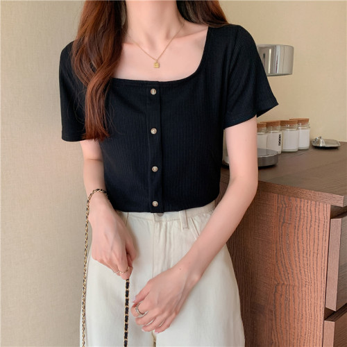 方領短袖t恤女夏短款大碼胖mm高腰緊身ins潮鎖骨復古法式上衣服春 方領短袖t恤女夏短款大碼胖mm高腰緊身ins潮鎖骨復古法式上衣服春