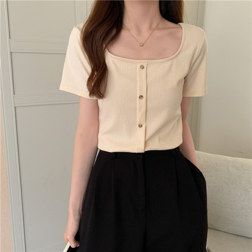 方領短袖t恤女夏短款大碼胖mm高腰緊身ins潮鎖骨復古法式上衣服春 方領短袖t恤女夏短款大碼胖mm高腰緊身ins潮鎖骨復古法式上衣服春