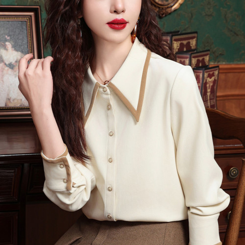 高級感氣質長袖襯衫女裝春秋冬新款洋氣港風上衣翻領磨毛打底襯衣