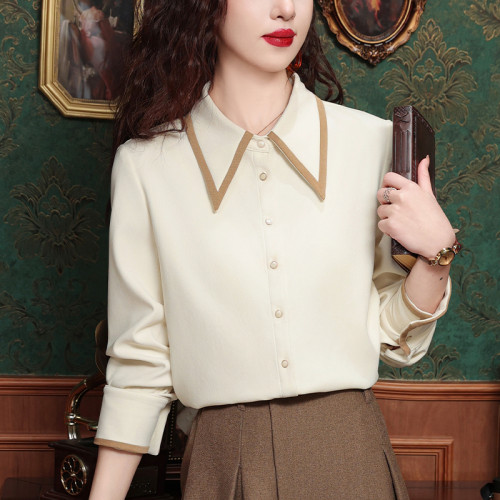 高級感氣質長袖襯衫女裝春秋冬新款洋氣港風上衣翻領磨毛打底襯衣