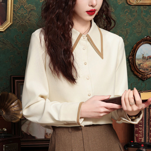 高級感氣質長袖襯衫女裝春秋冬新款洋氣港風上衣翻領磨毛打底襯衣