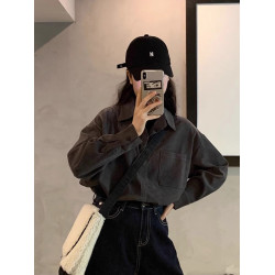 燈芯絨咖色假兩件襯衫女冬內搭復古港風襯衣曡穿加厚打底上衣外套