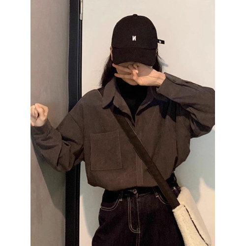 燈芯絨咖色假兩件襯衫女冬內搭復古港風襯衣曡穿加厚打底上衣外套