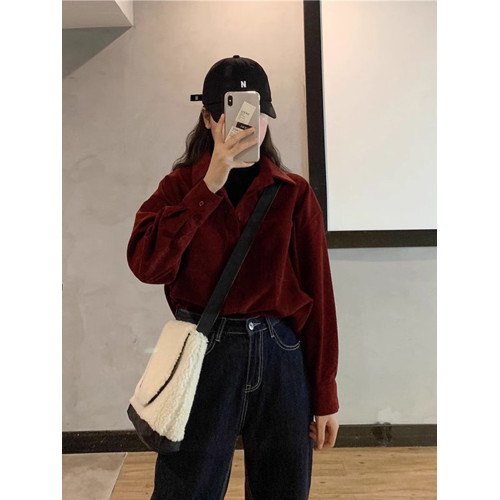 燈芯絨咖色假兩件襯衫女冬內搭復古港風襯衣曡穿加厚打底上衣外套