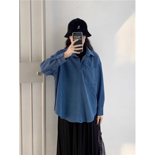 燈芯絨咖色假兩件襯衫女冬內搭復古港風襯衣曡穿加厚打底上衣外套