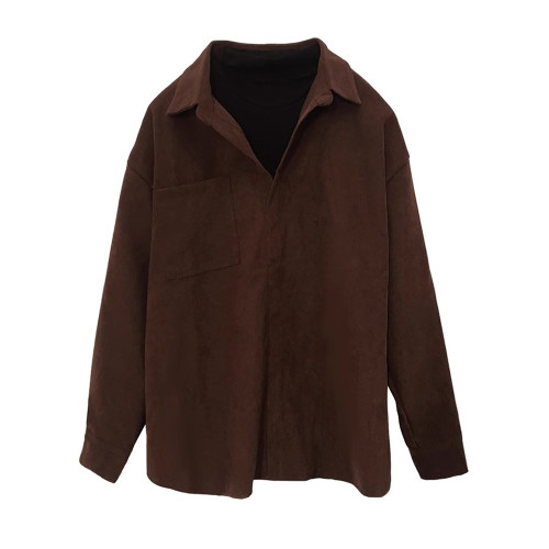 燈芯絨咖色假兩件襯衫女冬內搭復古港風襯衣曡穿加厚打底上衣外套