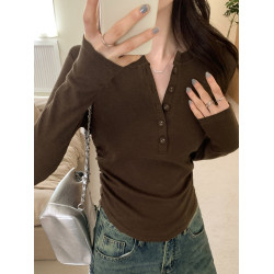 美拉德咖色T恤女打底衫2025春秋冬季捏褶辣妹風chic長袖紐釦上衣